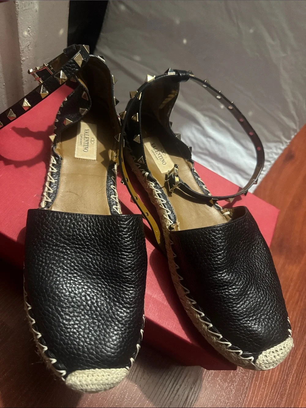 Valentino Garavani Black Leather Espadrilles with Gold Stud Ankle Wrap